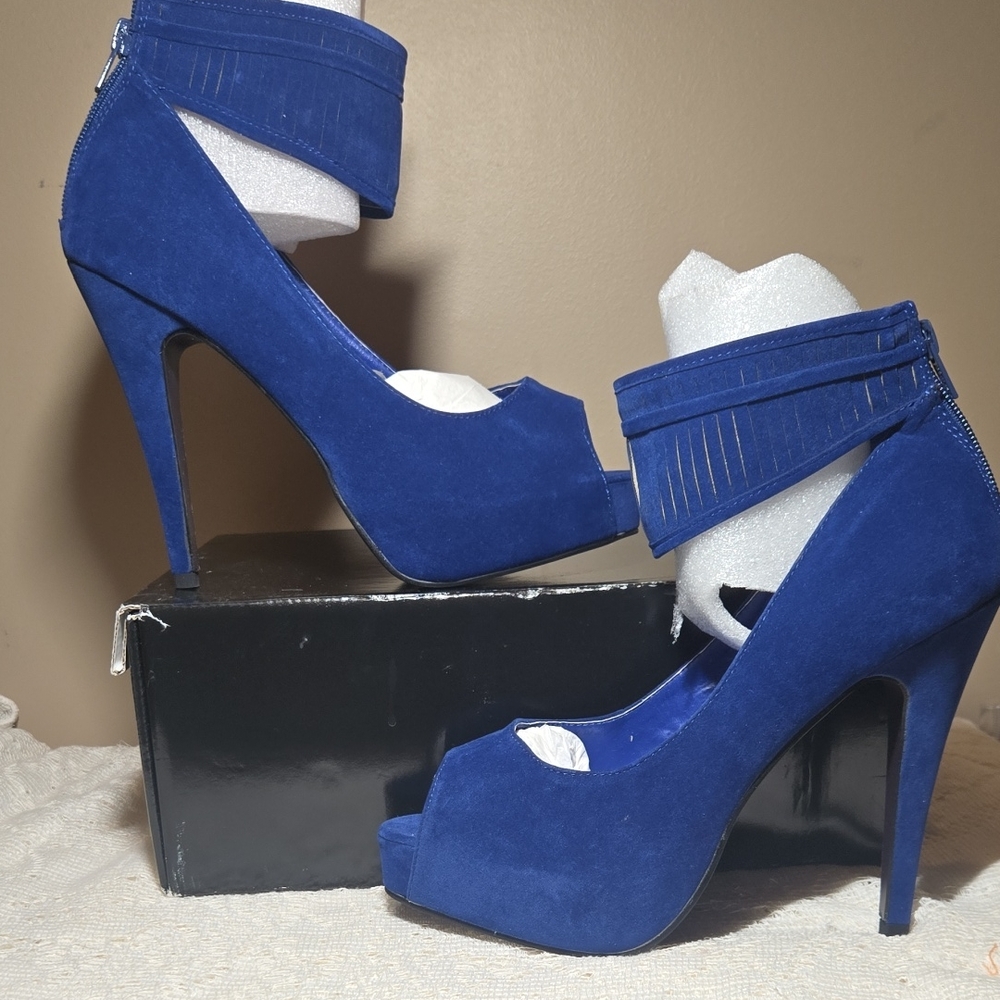 NIB Just Fabulous Royal Blue Suede Peep-Toe Ankle Strap Heels